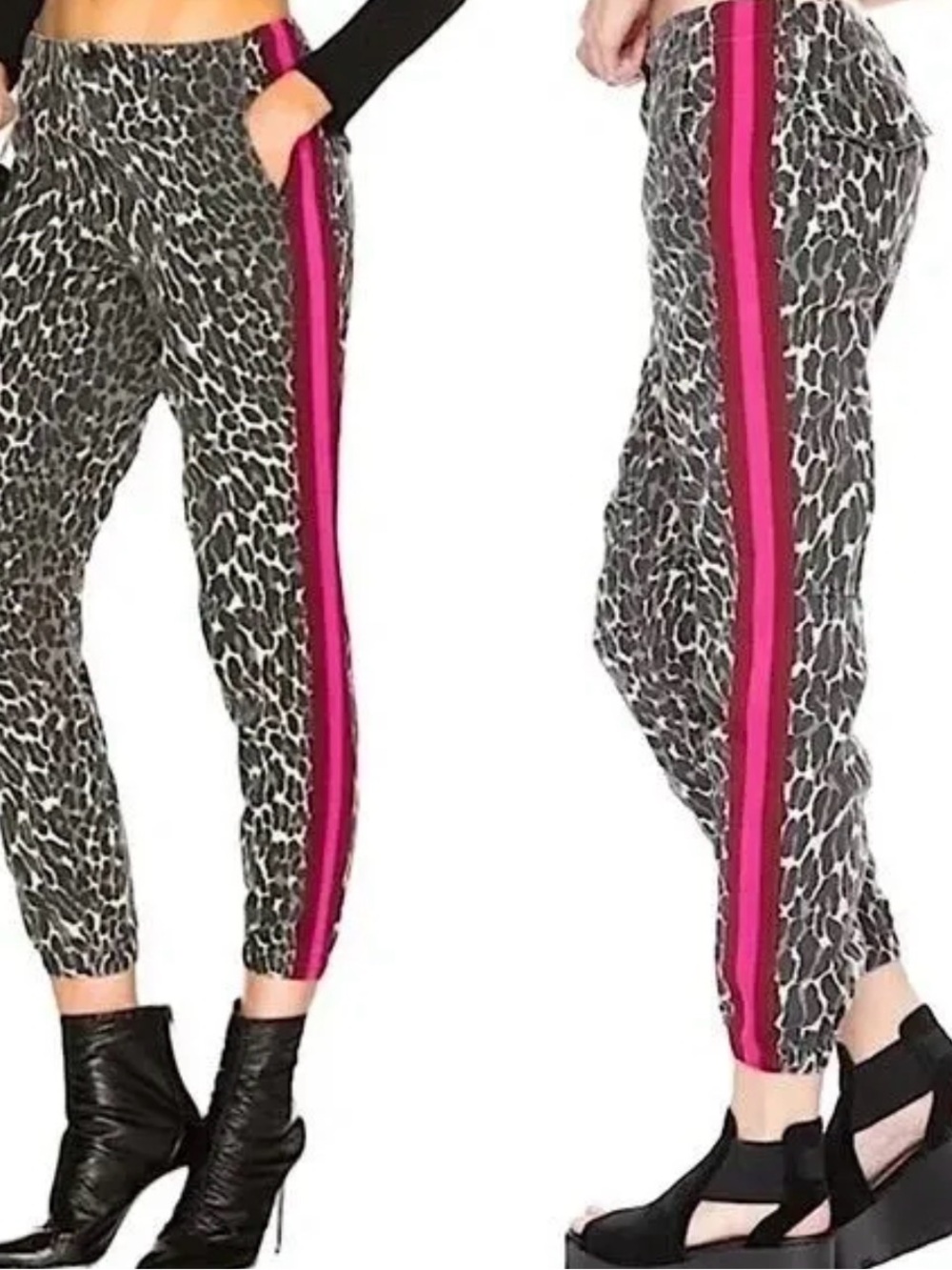 MOTHER Leopard Print Ankle Pants with Pink Side Stripe